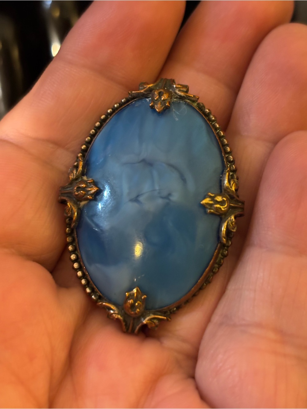 Blue Marbled Glass Oval Brooch in Antique Gold-Tone Setting